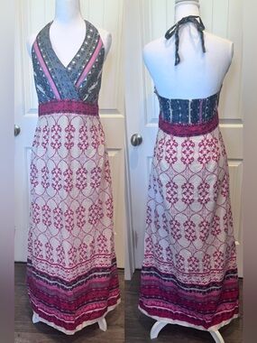 Style&Co Boho Halter Maxi Dress Red Beige Blue Cotton Neck Tie Side Zip Sz 10P